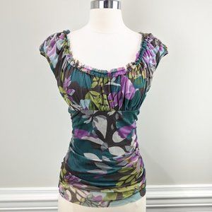 WESTON WEAR Floral Print Mesh Top Teal Brown XS